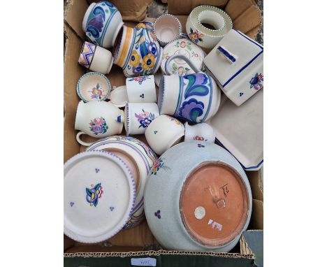 Poole pottery. 1 Box of Poole pottery including 2 cheese/butter dishes, bowls, jugs etc. Condition. 1 vase appears to have a 