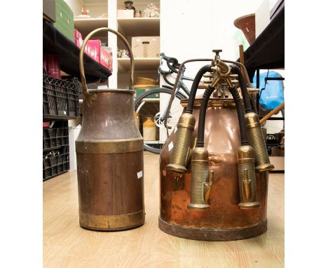 A Vintage brass and copper milking machine together with a copper and brass milk churn (2)