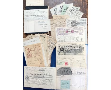 Large collection of bills of sale, trade receipts and hotel bills from 1900 to 1920, including items relating to time spent i