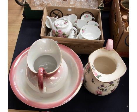 A Victorian lustre ware large wash basin and jug together with another large wash jug painted with flowers (AF - damages) and