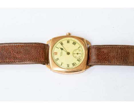 A 9ct gold Waltham gents wristwatch - square shaped case with white enamel dial, Roman numerals and subsidiary dial, case app