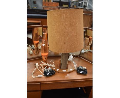 A 1960's table lamp along with a lava lamp plus two 1970's Matchbox car ashtrays&nbsp;