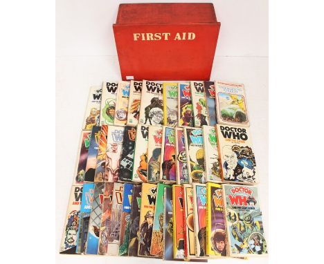 A collection of Dr Who titles by Terrance Dicks, all paperback and a vintage first aid box (Q)&nbsp;&nbsp;