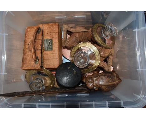 Mixed items including treen trinket box, dressing table set, glass candle holders, bibles etc