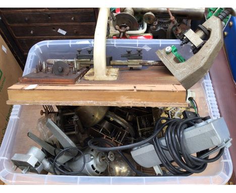 Large collection of watch and clock making tools, vices, parts, wooden boxes, with drawers, full of parts, precise tools and 