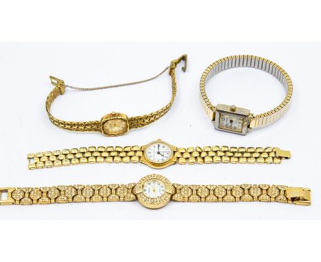 A collection of four gold plated vintage ladies dress watches, to include Mappin &amp; Webb, Bulova, Sutus and Ravel