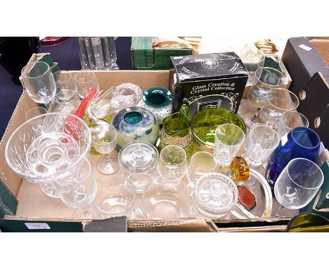 A collection of glassware to include: two Mary Gregory style circular box and covers; Venetian glass stylized sea horse; Malt