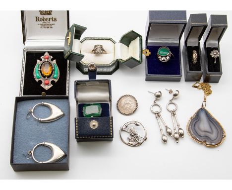 A collection of silver items to include an Arts & Crafts style green stone set silver ring, a Scottish style paste set silver