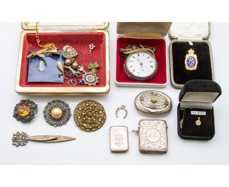 A collection of assorted silver ware and costume jewellery, including a 1920s silver pocket watch, hallmarked for Birmingham 