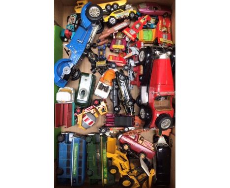 Die cast vehicles in playworn condition to include Corgi, Dinky, Matchbox, Danbury Mint Jeep (damaged), Burago, Solido, etc. 