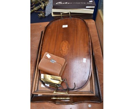 Two early 20th Century oak two handled tray together with an inlaid stained wood two handled tray together with a two late 19