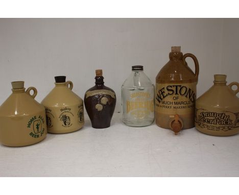 A Collection Of Flagons And Beer Jugs, Comprising of Three Plastic Flagons A Glass Jug And two Ceramic Flagons&nbsp;