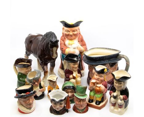 Royal Doulton mini character jugs, Miss Studious and Beefeater together with large Doulton character jug, various Staffordshi