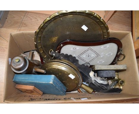 A collection of brass and copper to include set of four horse brasses (Queen Victoria and motifs) on leather harness, warming