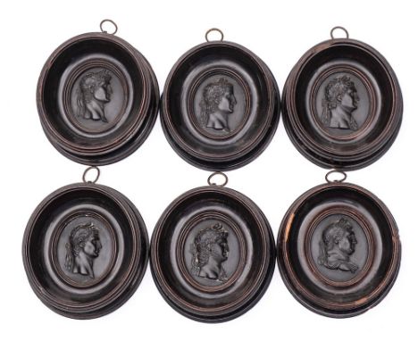A set of six small Wedgwood black basalt oval portrait-reliefs of Roman Emperors from the twelve Caesars: depicting 'Nero/Dom