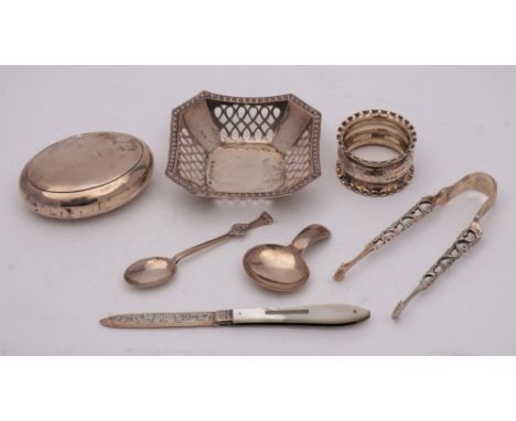 A mixed lot of silverwares, various makers and dates: includes  sugar nips, pen knife, two spoons, oval tobacco case, small b