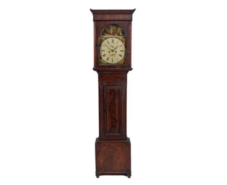 A mahogany longcase clock: the eight-day duration movement striking the hours on a bell with the fourteen-inch painted break-