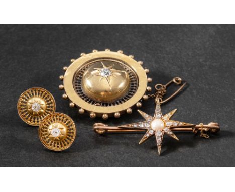 Two old-cut diamond gold brooches and pair of earrings,: including a 14ct gold bar brooch with old-cut diamond and pearl star