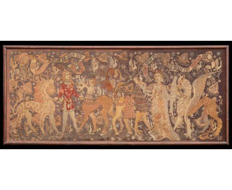 A large woven tapestry: depicting a Prince and Princess each holding mythical animals and ribbon banded German mottos above t