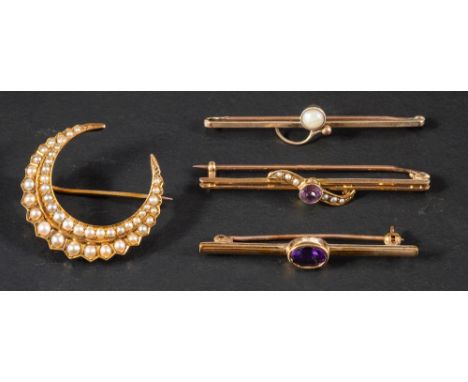 Four brooches set with pearls and amethysts,: including a bar brooch set with an amethyst and seed pearls stamped '15CT'; a b