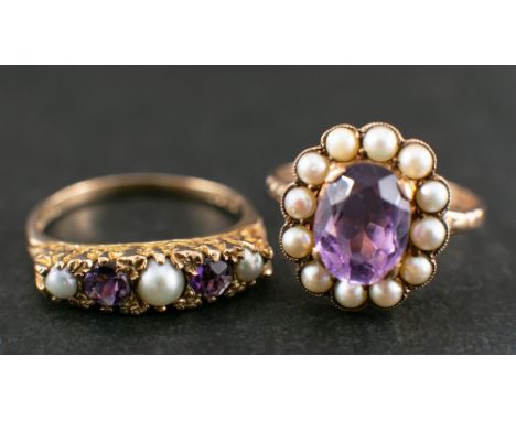 Two amethyst and pearl rings,: including an amethyst and seed pearl cluster ring, estimated amethyst weight ca. 1.60ct, stamp