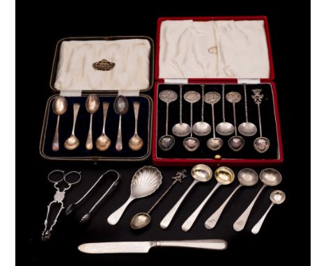 A mixed lot of silver flat wares, various makers and dates: includes  sugar nips, tongs, five condiment spoons, coffee spoons