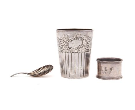 A Victorian silver tumbler, maker Atkin Brothers, Sheffield, 1892: initialled and inscribed, of tapering cylindrical outline,