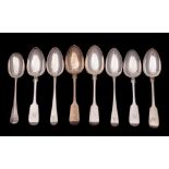 Five assorted silver Fiddle pattern dessert spoons, various makers and dates: three initialled,