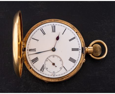 An 18ct gold full-hunter keyless pocket watch: the movement having a lever escapement, the white enamel dial with black Roman