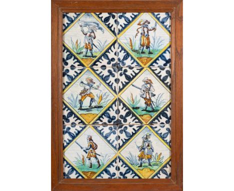 A set of six Dutch polychrome delftware tiles: in the 17th century manner, painted with geometric panels depicting sportsmen 