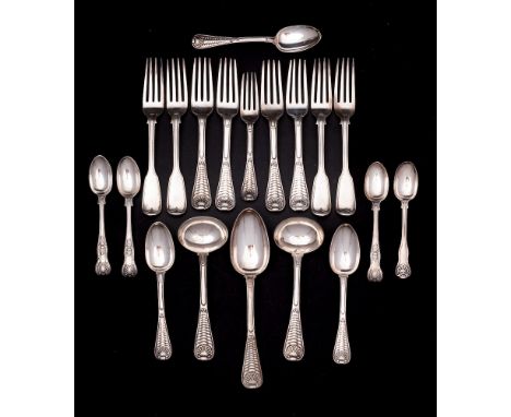 A matched  silver Hanoverian Thread, Shell and Quilt pattern part flatware service, various makers and dates: crested, includ