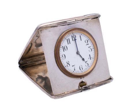 A George V silver cased travel watch, maker's mark worn, Birmingham, 1914: inscribed, of square outline, containing a steel c