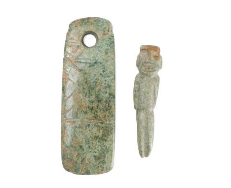 A Pre-Columbian nephrite axe head: of rectangular form, 15cm long, together with a nephrite pendant, 11cm. long. (2).
