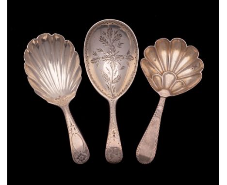 A Victorian silver caddy spoon, maker Chawner & Co, London, 1866: crested, together with two other silver caddy spoons, 40gms