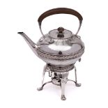 A George V hammered silver tea kettle, stand and burner, maker Liberty & Co.
