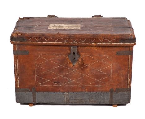An Anglo-Indian leather covered wood yakhdan trunk, second half 19th century,: of rectangular form, the cover, front and side