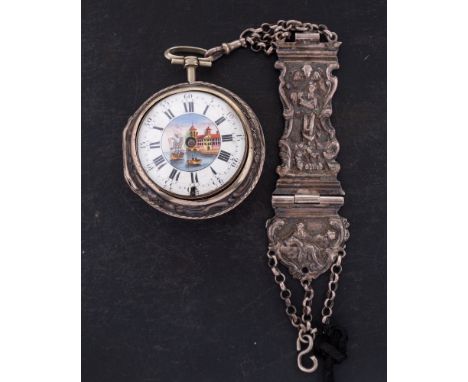 Weldon, London, a silver and enamel pair case watch with silver fob: the fusee movement having an engraved backplate, a pierc