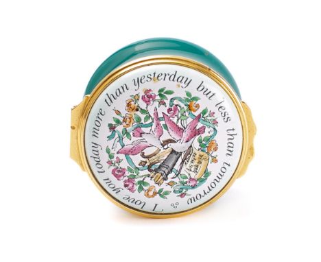 Halcyon Days, a 20th century enamel patch box and cover: of circular outline, 5cm diameter, contained in a fitted case. 