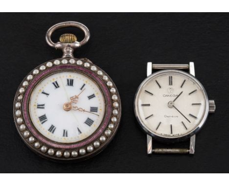 An early 20th century, silver fob watch and a ladies Omega 'Genève', wristwatch,: The fob watch with white enamel dial with R
