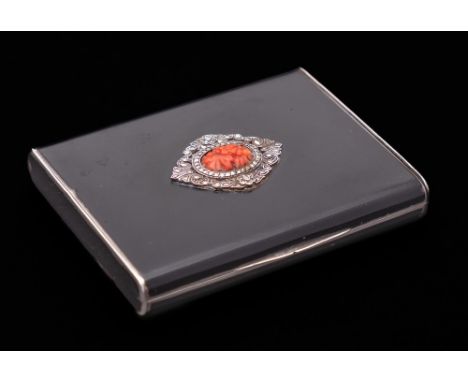 An Edward VIII silver enamel card case, bears import marks for Harrods, London, 1936: of rectangular outline, the hinged lid 