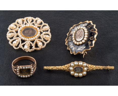 A group of Victorian, gold mourning jewellery,: including, an openwork, seed pearl and hairwork brooch; a black enamel, seed 