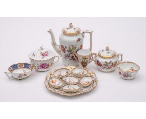 A mixed lot of late 19th/early 20th century Dresden and other Continental porcelain: comprising a Dresden six-division egg st