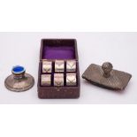 A mixed lot of silver and plated wares: includes a silver and enamel capstan inkwell, 7.