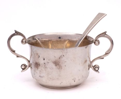 A George V silver porringer, maker Harrison Brothers & Howson, Sheffield, 1926: of circular outline, with twin scroll handles