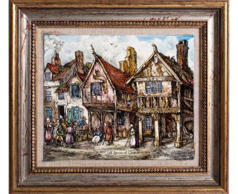 Rita. E. Whitaker R.M.S. Enamel on copper panel 'Old Houses at Chester in 1810': signed. 13 x 15cm, mounted and framed. 