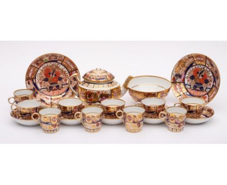 A Chamberlains Worcester porcelain part tea service: comprising a teapot and cover, five cups, five cans, five saucers, waste