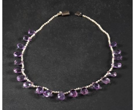 A seed pearl fringe necklace with briolette-cut amethyst pendants,: total length ca. 40cm.