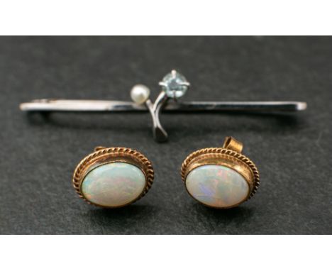 A pair of opal ear studs and an aquamarine and cultured pearl bar brooch,: the 9ct gold, oval, cabochon-cut, opal ear studs w