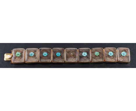 A 15ct gold, Georgian memorial bracelet,: each glass locket panel containing a plait of hair of the children of Sir James (17