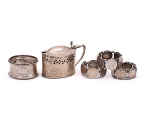 A mixed collection of silver wares, various makers and dates: includes mustard pot and cover, napkin ring and three Thai coin